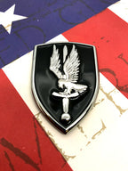 1st Aviation Brigade The Golden Hawks Metal Emblem on a reed, white and blue background