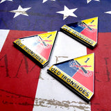 Three 1st Armored Division 'Old Ironsides' triangle-shaped decals on an American flag background