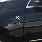 1st Cavalry Division Metal Auto Emblem in Black and Chrome on a black vehicle rear fender