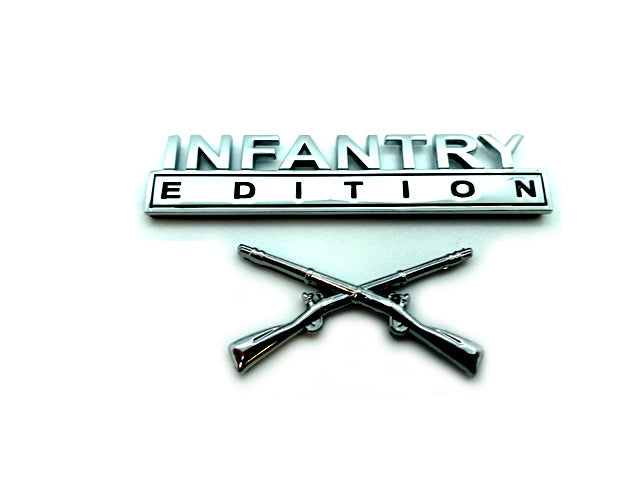 Metallic 'Infantry Edition' badge with crossed rifles on a white background