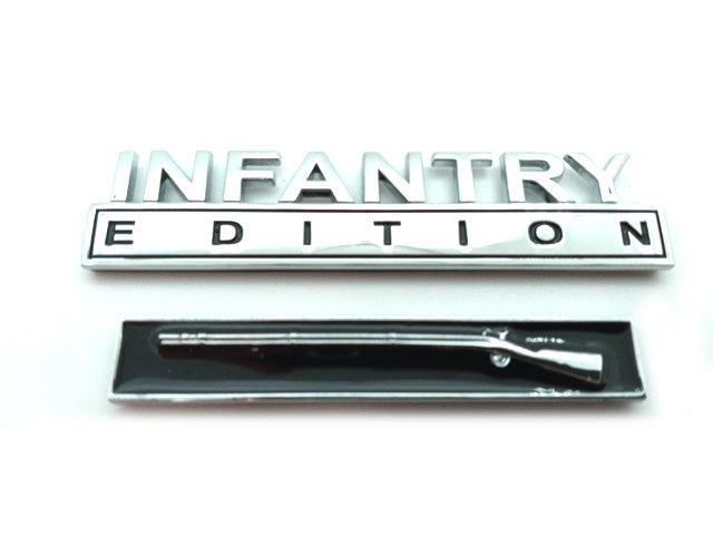 Metallic 'Infantry Edition' badge with a rifle graphic on a white background