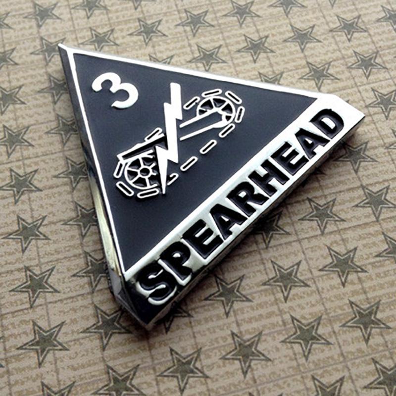 Black and Chrome 3rd Armored Division Spearhead Metal Car Emblem Facing Left on Black star background