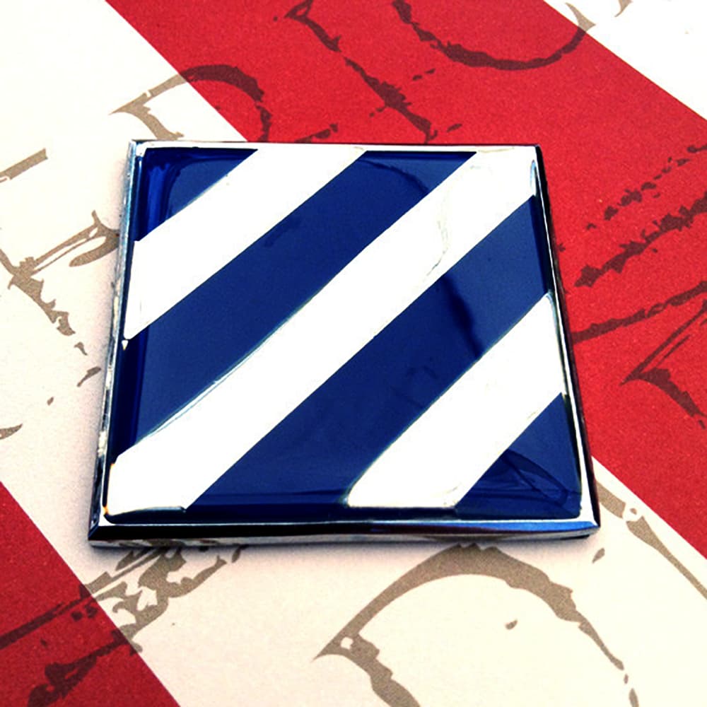 3rd Infantry Division Metal Auto Decal Black and Chrome on a red and white background
