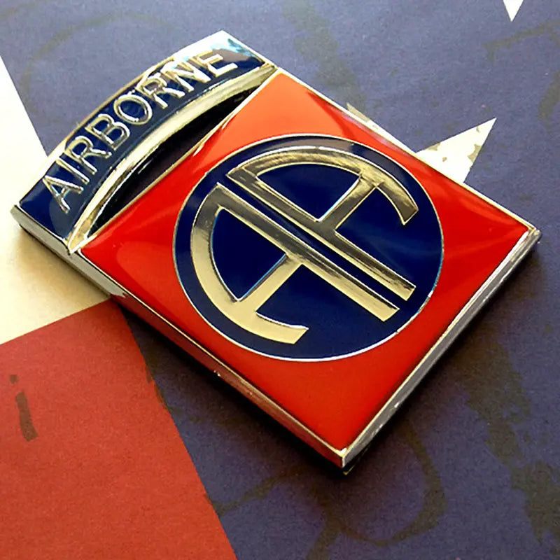 Full Color 82nd Airborne Division Metal Decal insignia badge on a flag background