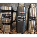 Three insulated drink containers with American flag design on a countertop