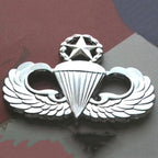 Master Parachutist Badge Jump Master Metal Decal Silver on a red, white and blue background