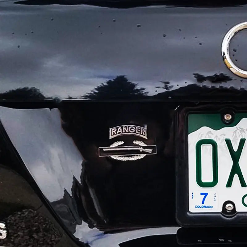 Army Ranger Tab Metal Decal on Black Car Bumper With CIB Badge
