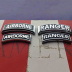 Army Ranger Tab Metal Decal and Airborne Tabs Large and Small on a red, white and blue background