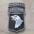 Ranger Tab Metal Car Emblem With 101st Airborne Badge on a map background