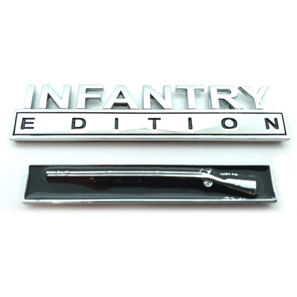 Chrome 'INFANTRY EDITION' emblem and rifle-shaped object on a white background