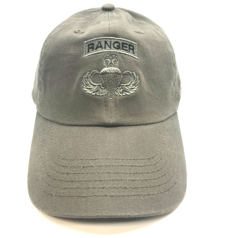 Army Ranger Tab and Master Jump Wings Badge Embroidered on OD Hat facing forward