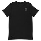 Black t-shirt with a small logo on the chest against a white background