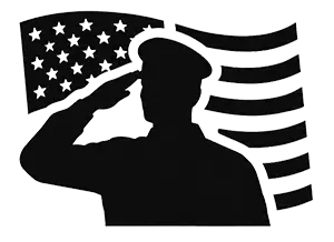 A black silhouette of a saluting soldier in front of a stylized American flag, shown on a plain white background.