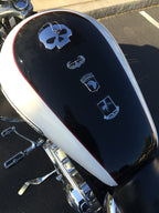 502nd Infantry Regiment Strike Metal Auto Emblem with Air Assault Decal and Airborne Decal on a motorcycle gas tank