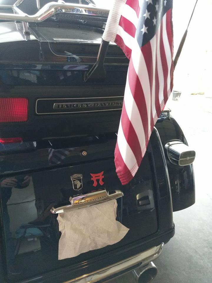Rakkasans Torii Metal Decal on a motorcycle