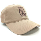 A beige 10th Mountain Division Cap featuring an embroidered brown and black 10th Mountain Division insignia on the front and an embroidered American flag on the side, set against a plain white background.