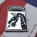 Black and Chrome XVIII Airborne Corps Metal Decal on a red, white and blue background