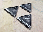3 Black and chrome 1st Armored Division Old Ironsides Metal Auto Emblems pointing right on a map background