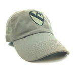 A light olive drab 1st Cavalry Division cap featuring an embroidered shield logo on the front with a black diagonal stripe and a small horse silhouette, alongside a tonal embroidered American flag on the side.