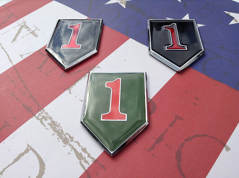 Set of 3 1st Infantry Division Metal Car Emblems on an american flag, 2 are Red and Chrome