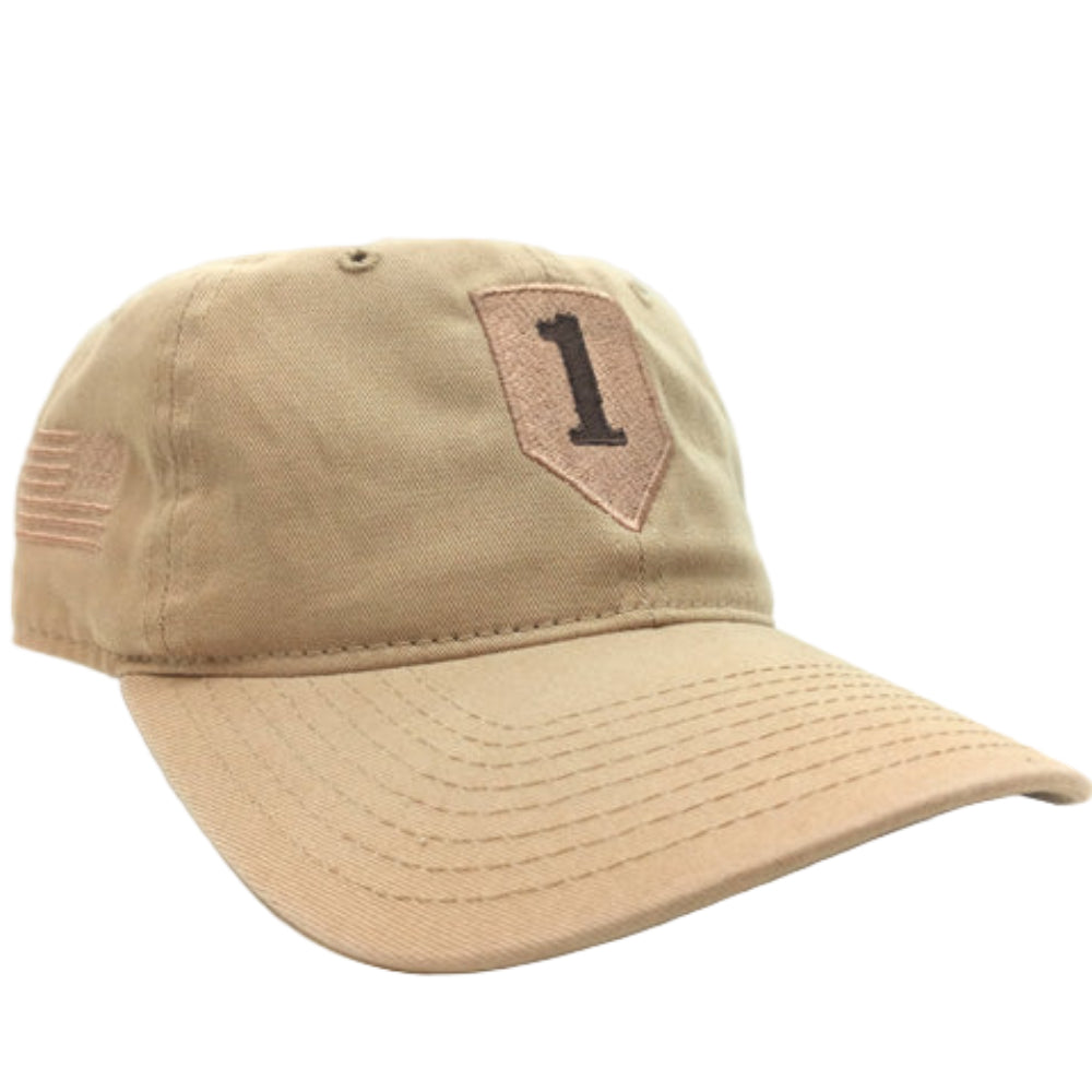 Tan baseball cap with a patch featuring the number '1' on a white background