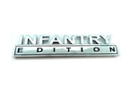 A chrome silver metallic emblem reading 'INFANTRY EDITION' on a plain white background.