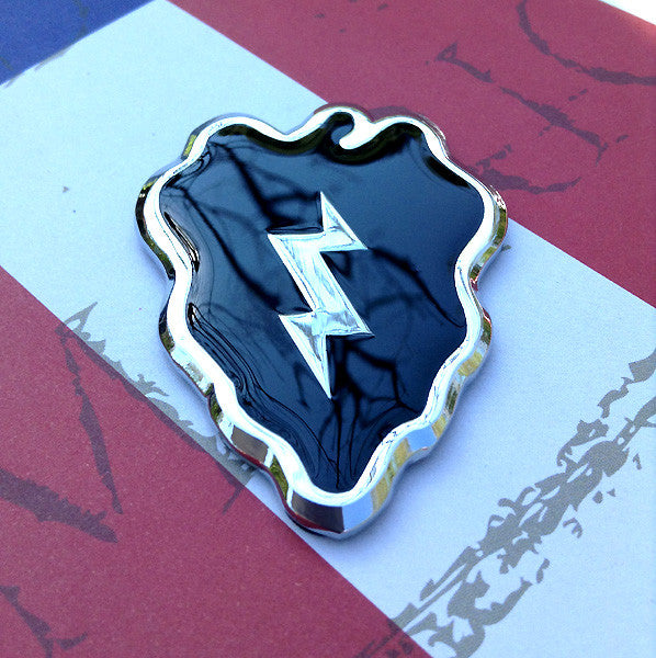 Black and Chrome 25th Infantry Division Metal Car Emblem on a red, white and blue background