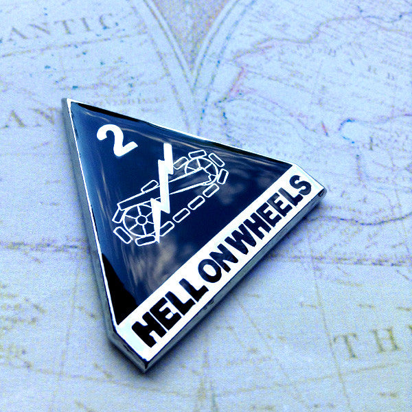 Black and Chrome Full Color 2nd Armored Division Hell on Wheels Metal Car Emblem  on a map background pointing left