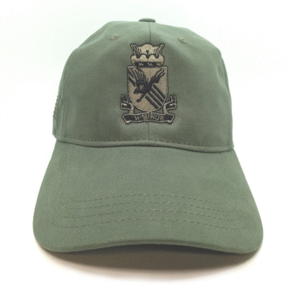 Green cap with embroidered design on a white background