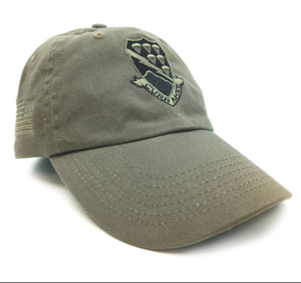 506th AIR Currahee Embroidered OD Green Hat with embroidered design on a white background