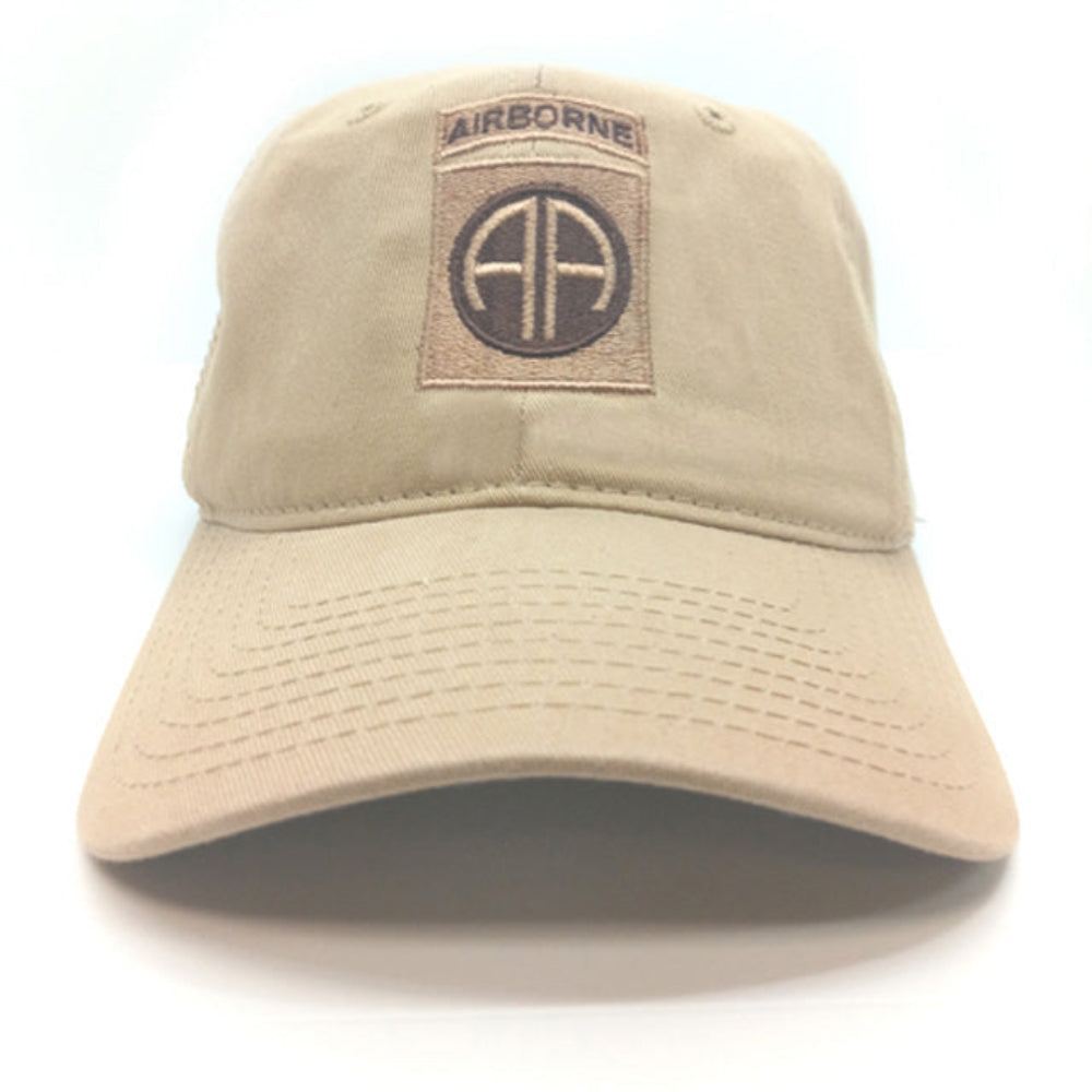 Beige cap with 'Airborne' patch on a white background