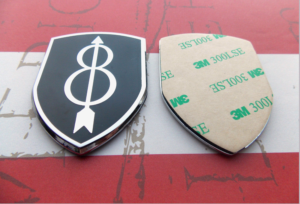 8th Infantry Division Metal Auto Emblem With 3M Adhesive Side on a red and white background
