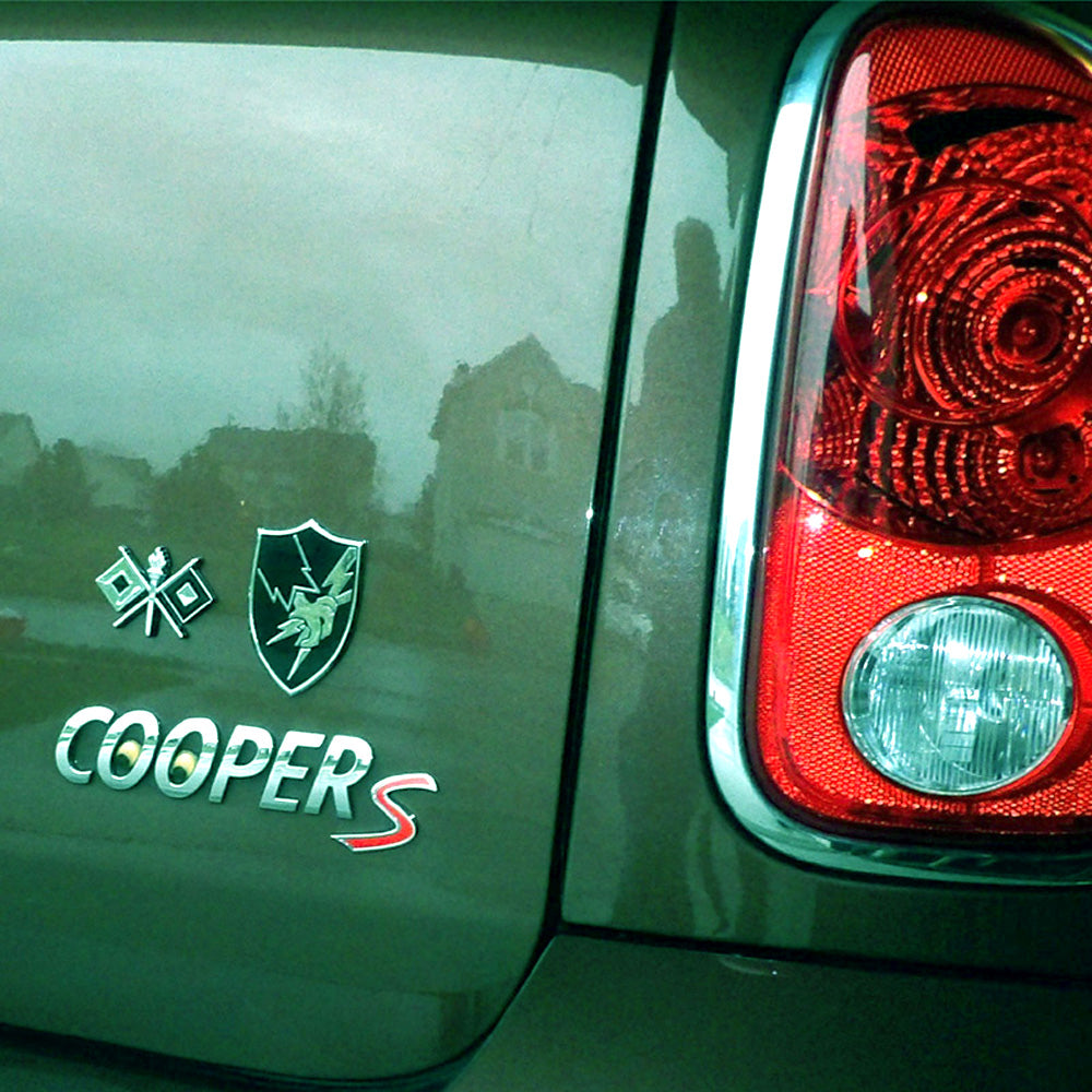 US Army Security Agency Metal Decal with Signal Corps Insignia Decal on a Mini Cooper Rear Hatch