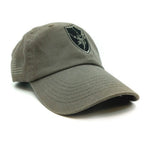 An olive drab military-style Army Security Agency ASA OD Cap featuring a black embroidered shield patch with on the front and an American flag patch on the side, set against a plain white background.