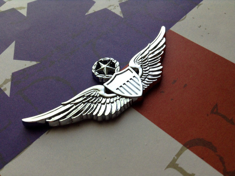 US Army Master Aviator Badge Metal Emblem Pictured on a Left Angle