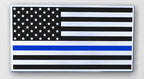 US Flag Thin Blue Line Metal Decal Black, Chrome and Blue on a White Background