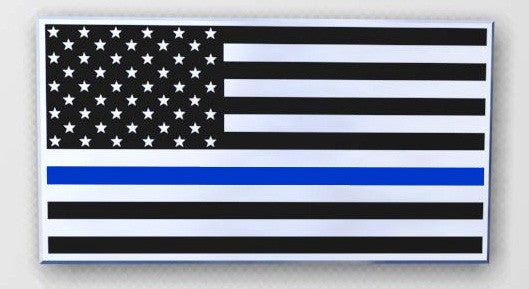 US Flag Thin Blue Line Metal Decal Black, Chrome and Blue on a White Background