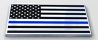 US Flag Thin Blue Line Metal Decal Black, Chrome and Blue on a White Background Slanted