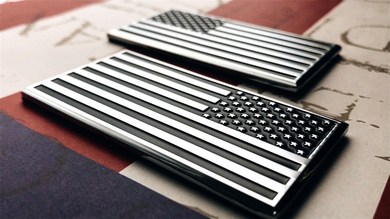 Black Chrome U.S. Flag Military Car Emblem Set of 2, One Forward and One Reverse
