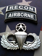 Recon and Airborne tabs with master jump wings badge on a red, white, and blue background