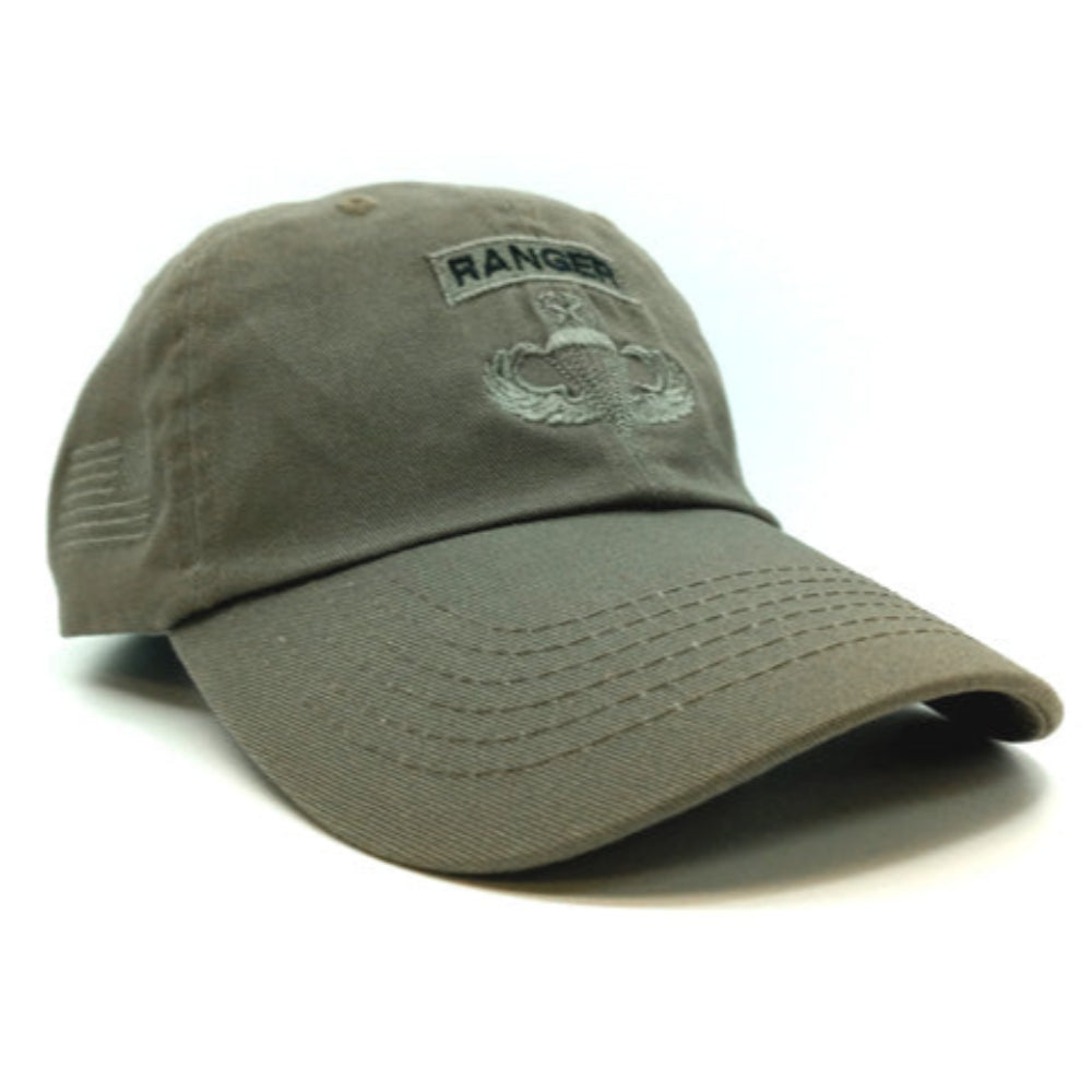 Airborne Ranger OD Cap With Master Jump Wings and Embroidered Reverse US Flag