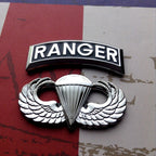 Ranger Tab  Chrome Emblem With Jump Wings on a red, white and blue background