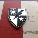 75th Ranger Regiment Crest Chrome emblem on a red, white and blue background