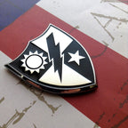 75th Ranger Regiment Crest Chrome emblem on a red, white and blue background