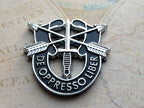 A metal crest with crossed arrows and the motto 'De Oppresso Liber' on a textured background.