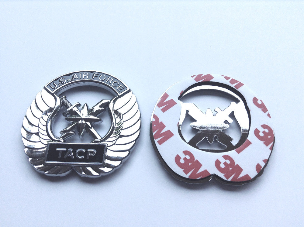 TACP Metal Car Emblem Tactical Air Control Party Decal Showing the Front and ack with 3M Adhesive