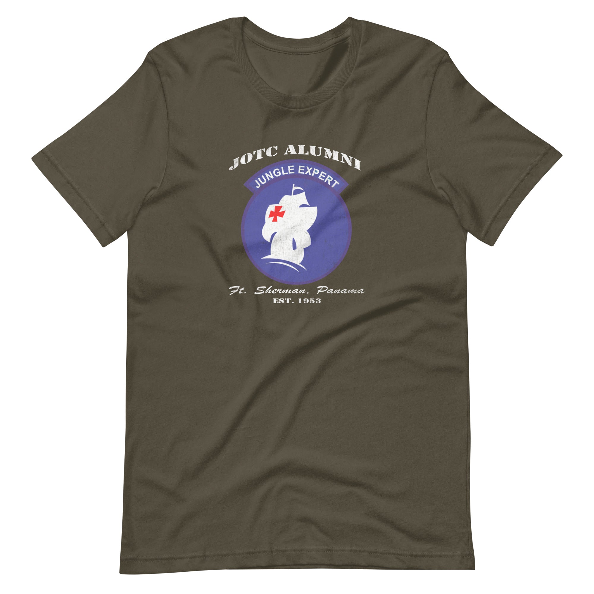 A green Jungle Expert Alumni t-shirt with a round logo on the front.