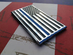 US Flag Thin Blue Line Metal Decal Black, Chrome and Blue with Zoom on Lower Right Corner