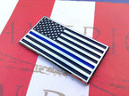 US Flag Thin Blue Line Metal Decal Black, Chrome and Blue on a Right Angle