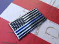 US Flag Thin Blue Line Metal Decal Black, Chrome and Blue on a Left Angle